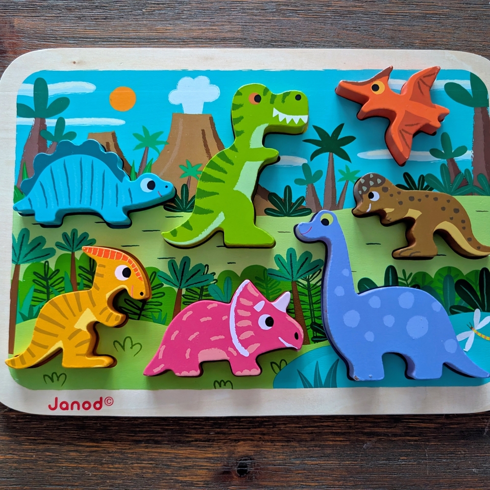 Janod Bright Dinosaur Wooden Puzzle - Green, Blue, Pink & Orange